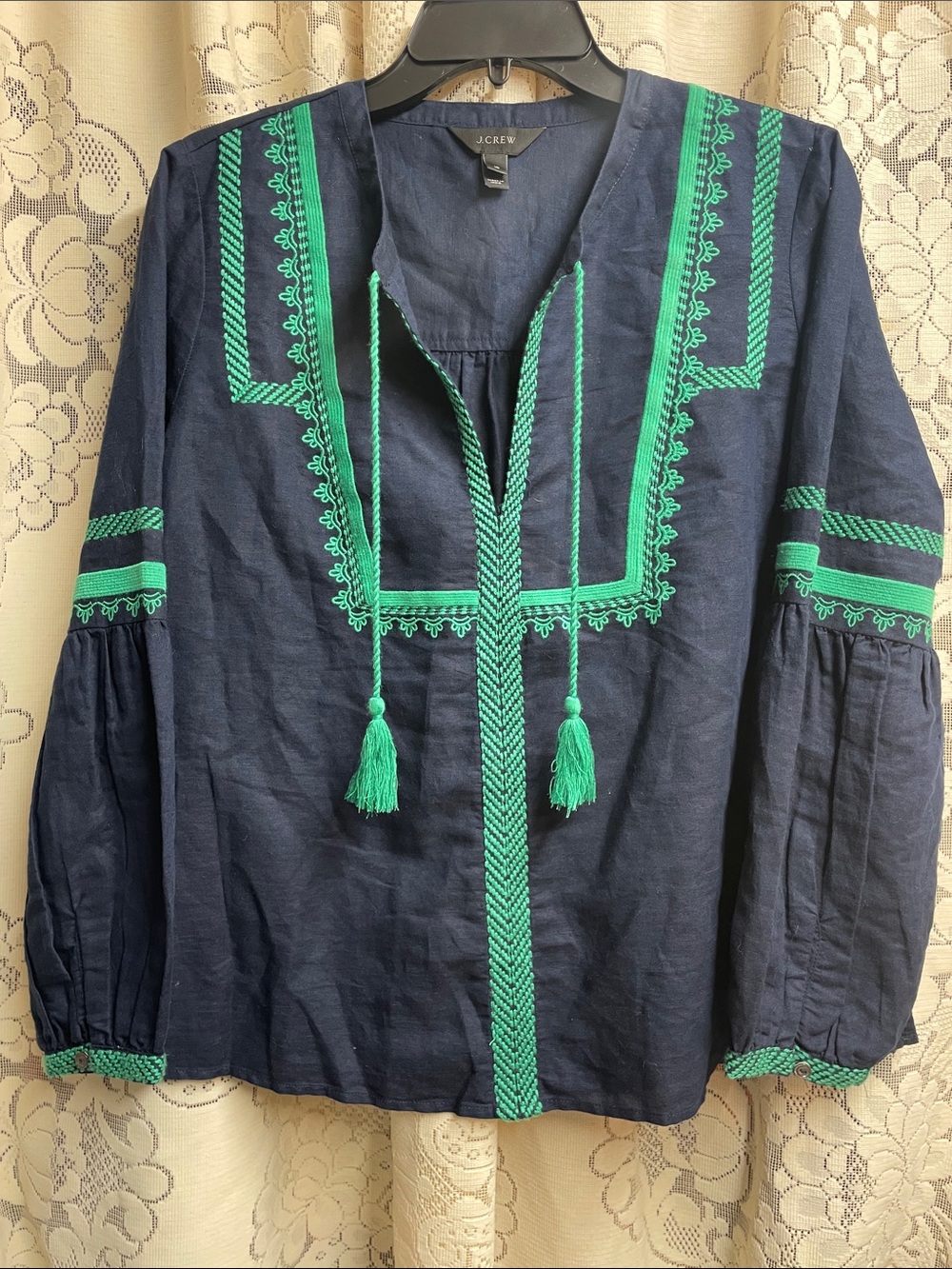 J. Crew Navy Tunic Top with Green Embroidery Size 10 Linen Cotton Blend